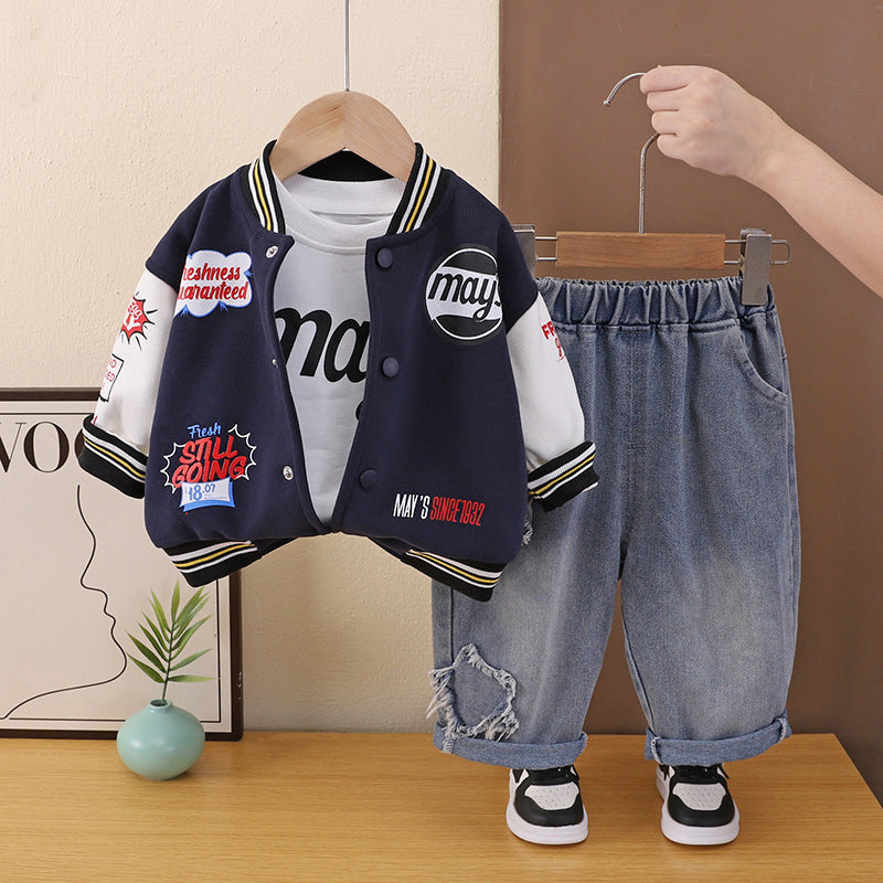 Boys' sports suit, spring and autumn 2026 new model, children's Korean-style letter graffiti baseball jacket three-piece set, trendy for boys