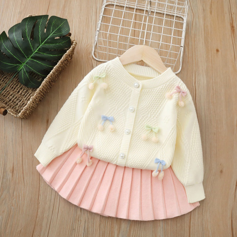 Baby Girl Handmade Flower Cardigan Two-Piece Set 2025 Autum New Girl Cute Skirt Girl Sweater Suit