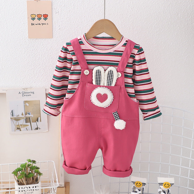 Foreign trade girls' spring and autumn striped suspender pants suit baby spring clothes baby children 2024 New sweater two-piece set