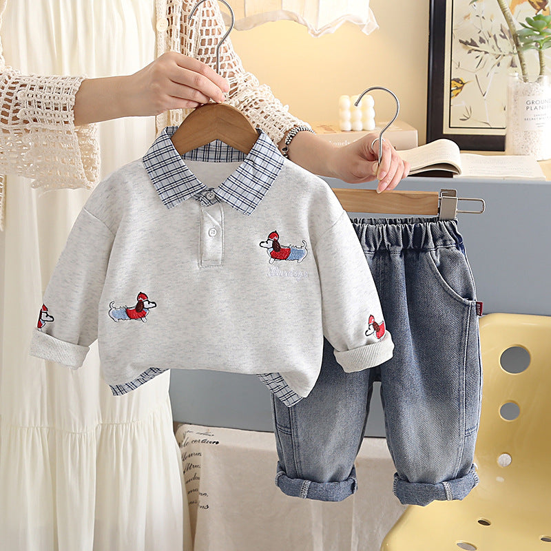 2026 New Boys' Autumn Outfit Set Children's Spring and Autumn Turn-down Collar Sweatshirt Long Sleeve Two-piece Baby Clothes Wholesale