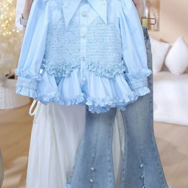Girls' Casual Outfit Autumn New Korean Style Fashionable Faux Two-Piece Top and Jeans Set Wholesale