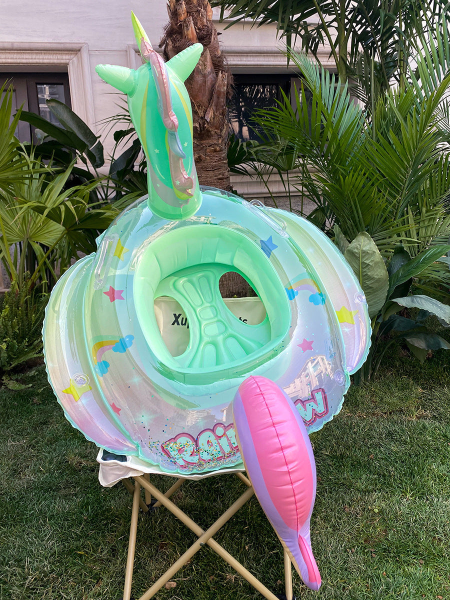 New children's pink rainbow horse sequins swimming ring inflatable water cute unicorn children's sponge bottom seat ring