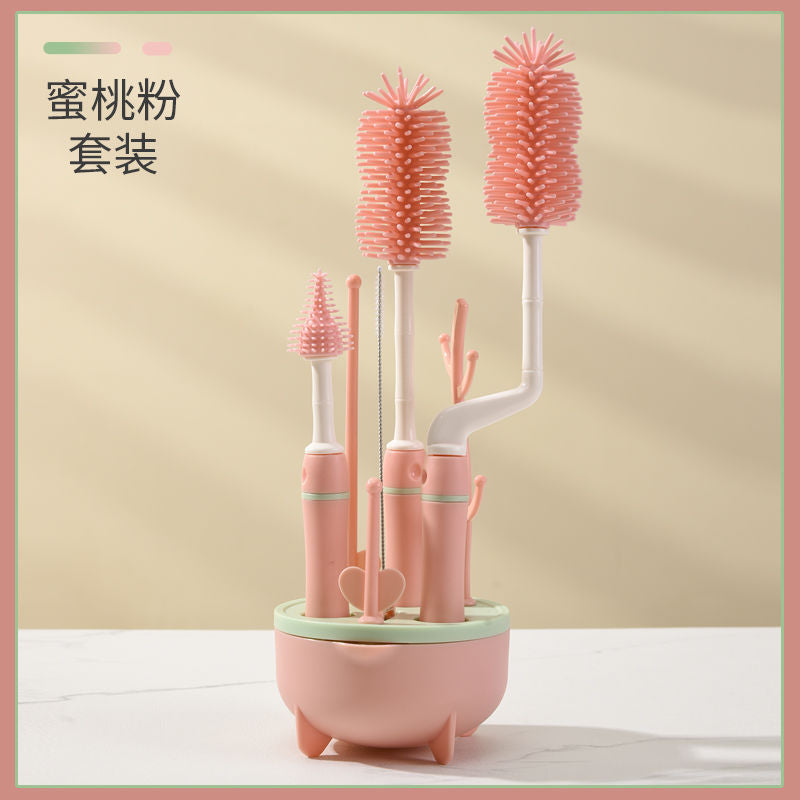 Baby-Specific Silicone Bottle Brush Three-Color Long-Handled Cleaning Brush Combination 360-Degree Rotating Cleaning Bottle Brush Set