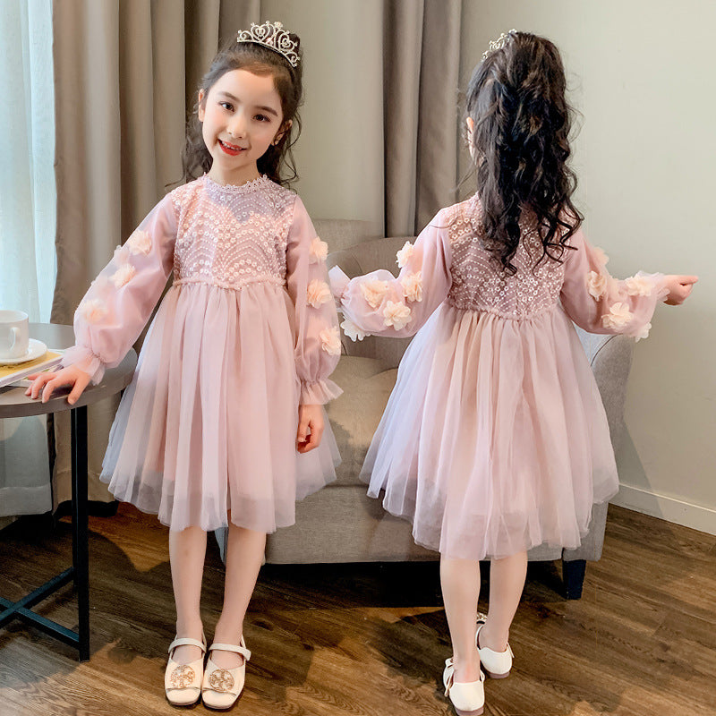 Girls' Autumn Dress 2025 New Autumn Collection Children's Lace Princess Dress Stylish Girl's Tulle Skirt Mesh Skirt