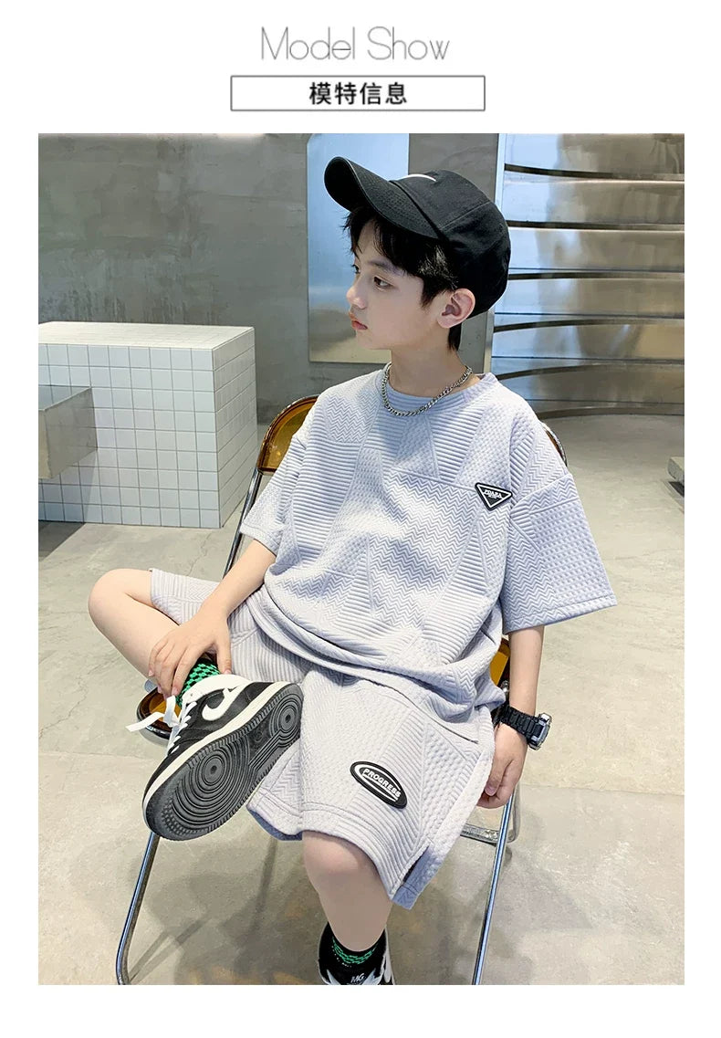 New Summer Boys Clothes Sets Teen Short Sweatshirt + Pants Children Clothing Solid Kids Boy Sport Suits 4 6 8 10 12 14 Years