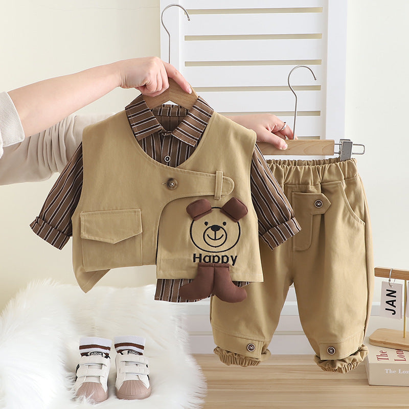 Boys' Stylish Workwear Vest and Shirt Three-Piece Set for Spring and Autumn, Trendy Children's Clothing with Cartoon Designs for Babies