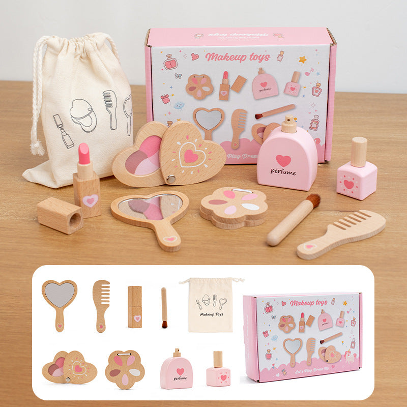 Children's Wooden Cosmetic Bag Eye Shadow Lipstick Perfume Cosmetics suit Little Girl Play Home Educational Toys