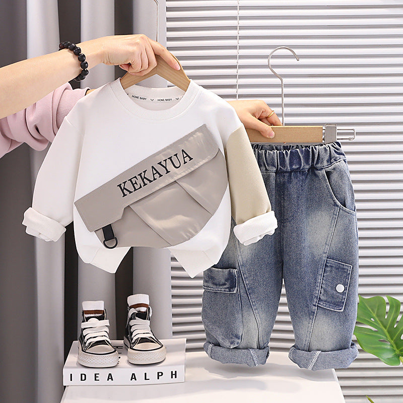 Boys' Spring and Autumn Children's Outfit 2026 New Stylish Baby Color-Block Pocket Long-Sleeve Sweatshirt Two-Piece Set Wholesale