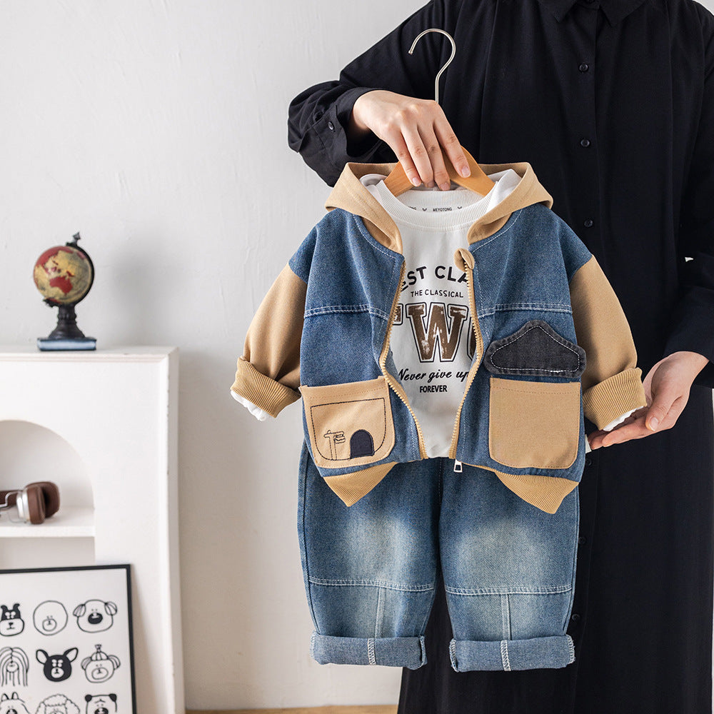 Boys' 2026 New Autumn Stylish Hooded Three-Piece Set with Small House Pockets, Baby Boy Clothes for Spring and Autumn, 1 Year Old