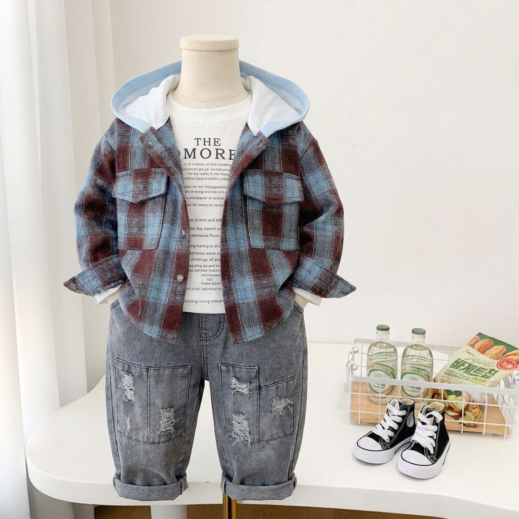 Children's INS-style color-blocked plaid hooded shirt three-piece set for boys, casual and stylish everyday outfit for spring and autumn