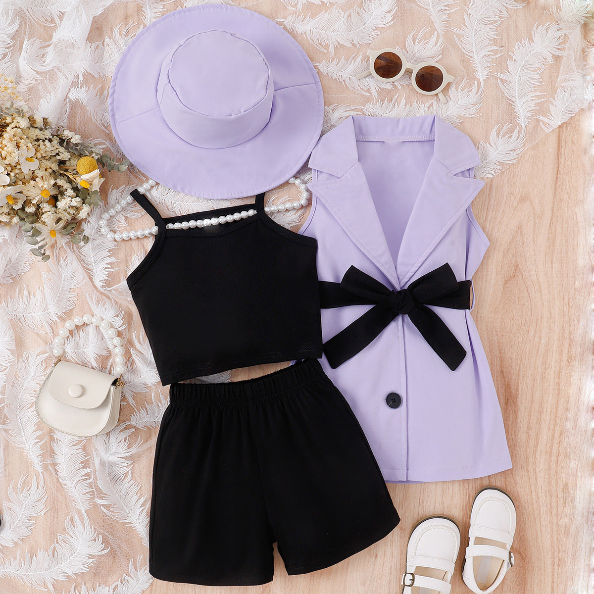 Girls 4 piece suspender suit set Bangladesh sleeveless top shorts jacket hat fashion outfit for kids