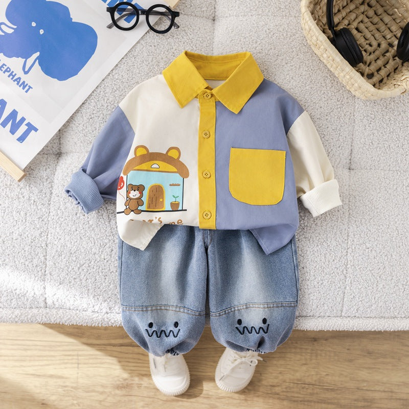 Children's Clothing 2025 Korean Style Spring Boy's Bear Shirt Two-Piece Long-Sleeved Jeans Children's suit Hair