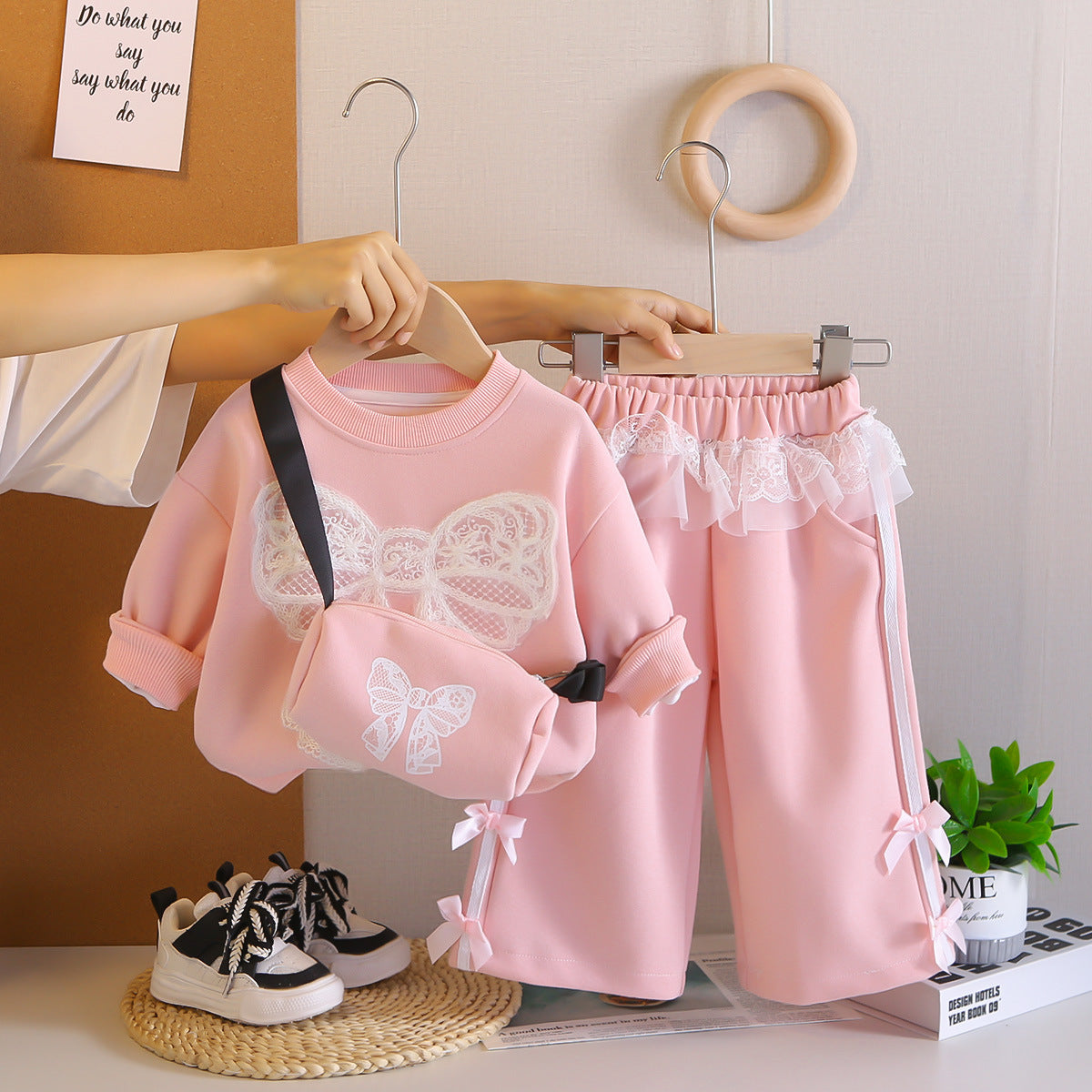 Baby Girl Spring and Autum Long-Sleeved Bow Lace Sweatshirt Two-Piece Set 2025 New Kidsren's Autum Export Dropshipping