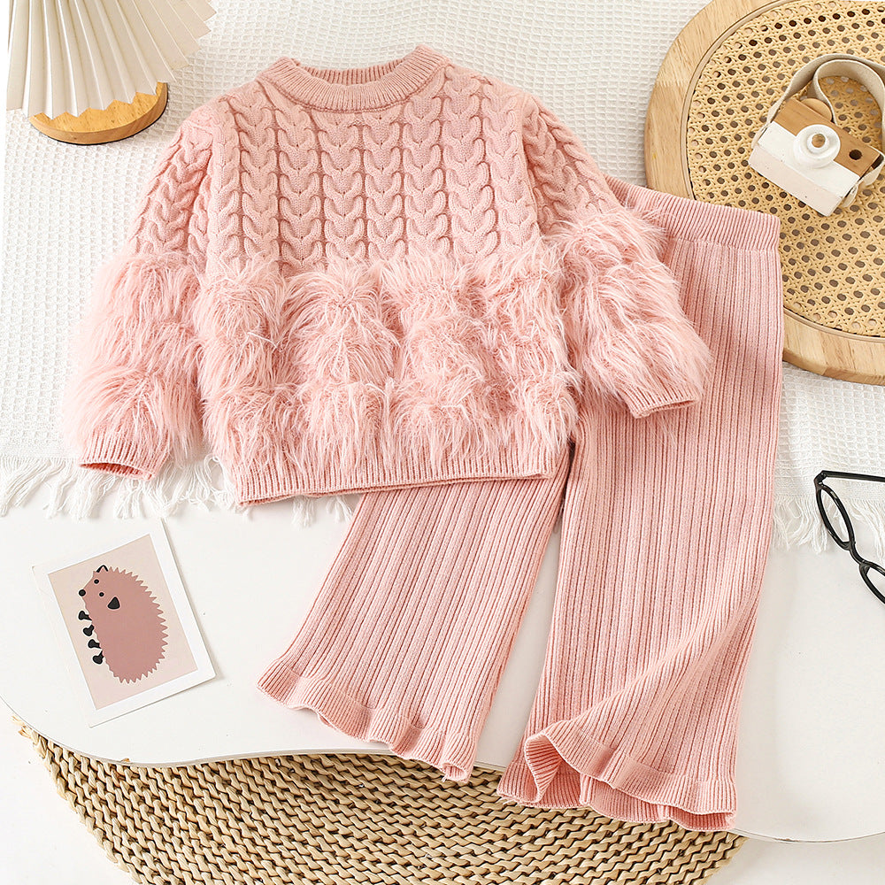 Girls' New Autumn and Winter Hemp Flower Woolen Sweater Women's Treasure Two-Piece Knitted Woolen Mink Crewneck Flared Pants suit