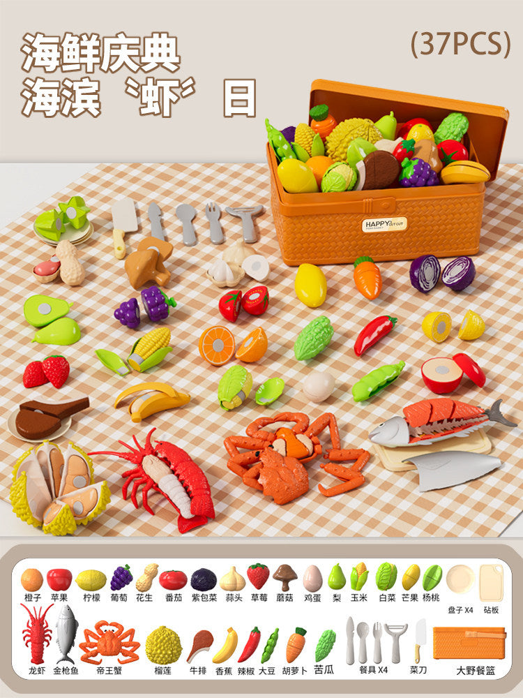 Children's Pretend Play Fruit, Vegetable, and Seafood Toys, Peelable and Chewable, Realistic Kitchen Playset, Birthday Gift