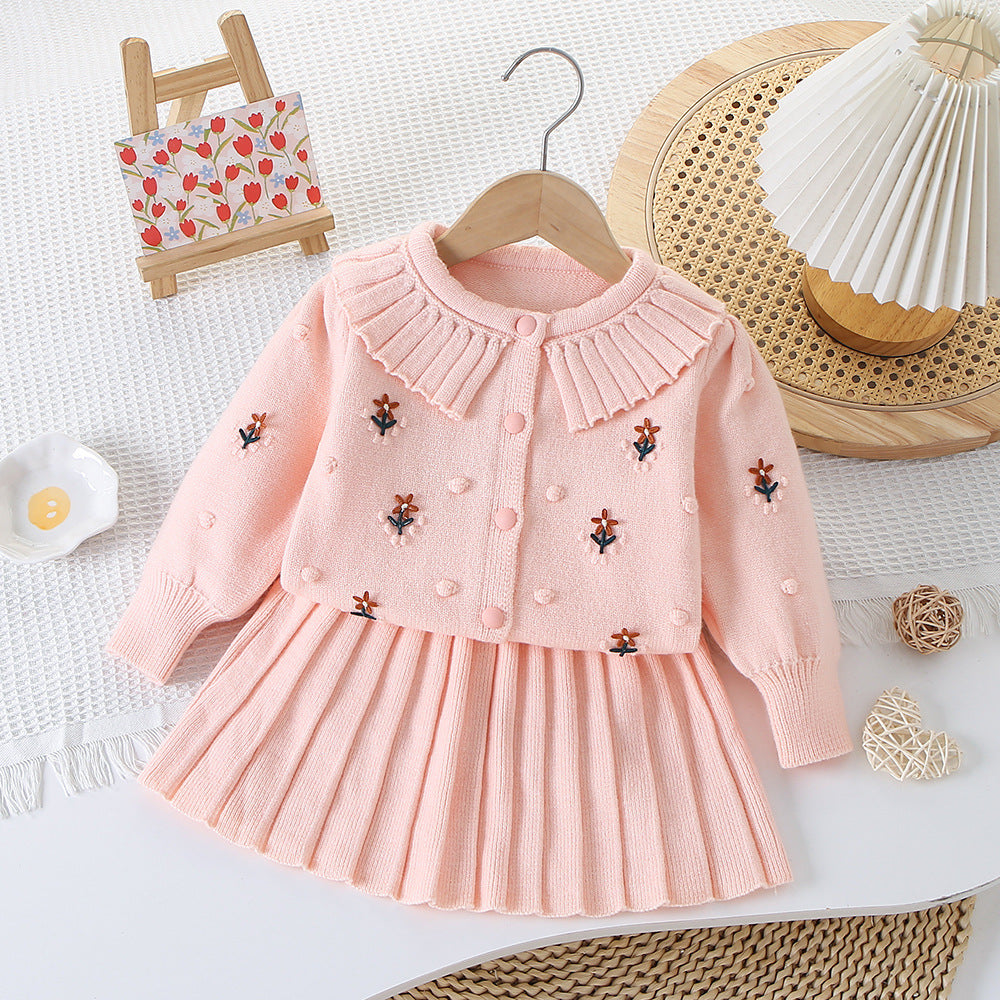 Children's Sweater Dress Small Flower Double Collar Knitted Two-Piece Set Women's Autumn and Winter New Korean Style Western Style Round Neck Sweater Dress
