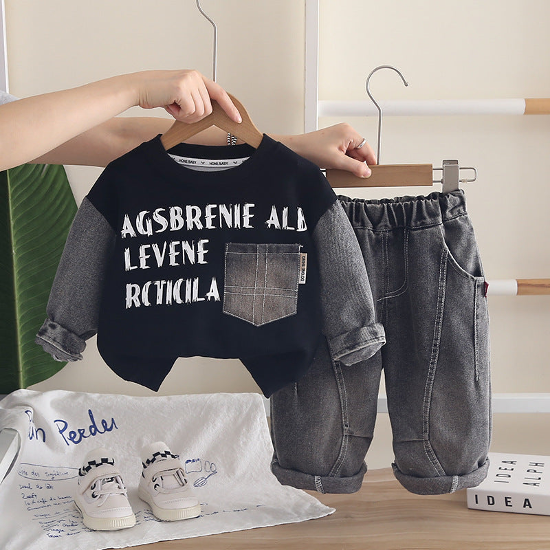 2026 New Boys' Autumn Outfit Set, Children's Spring and Autumn Fashionable Sweatshirt Long Sleeve Two-Piece Set, Baby Clothes Wholesale