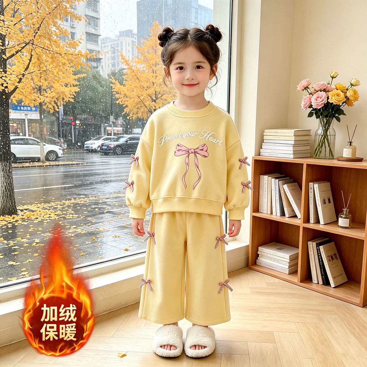 Korean-Style Ins Cat-Themed Girls' Outfit, Spring and Autumn Children's Bow Sweatshirt and Wide-Leg Pants Two-Piece Set, Export Children's Clothing