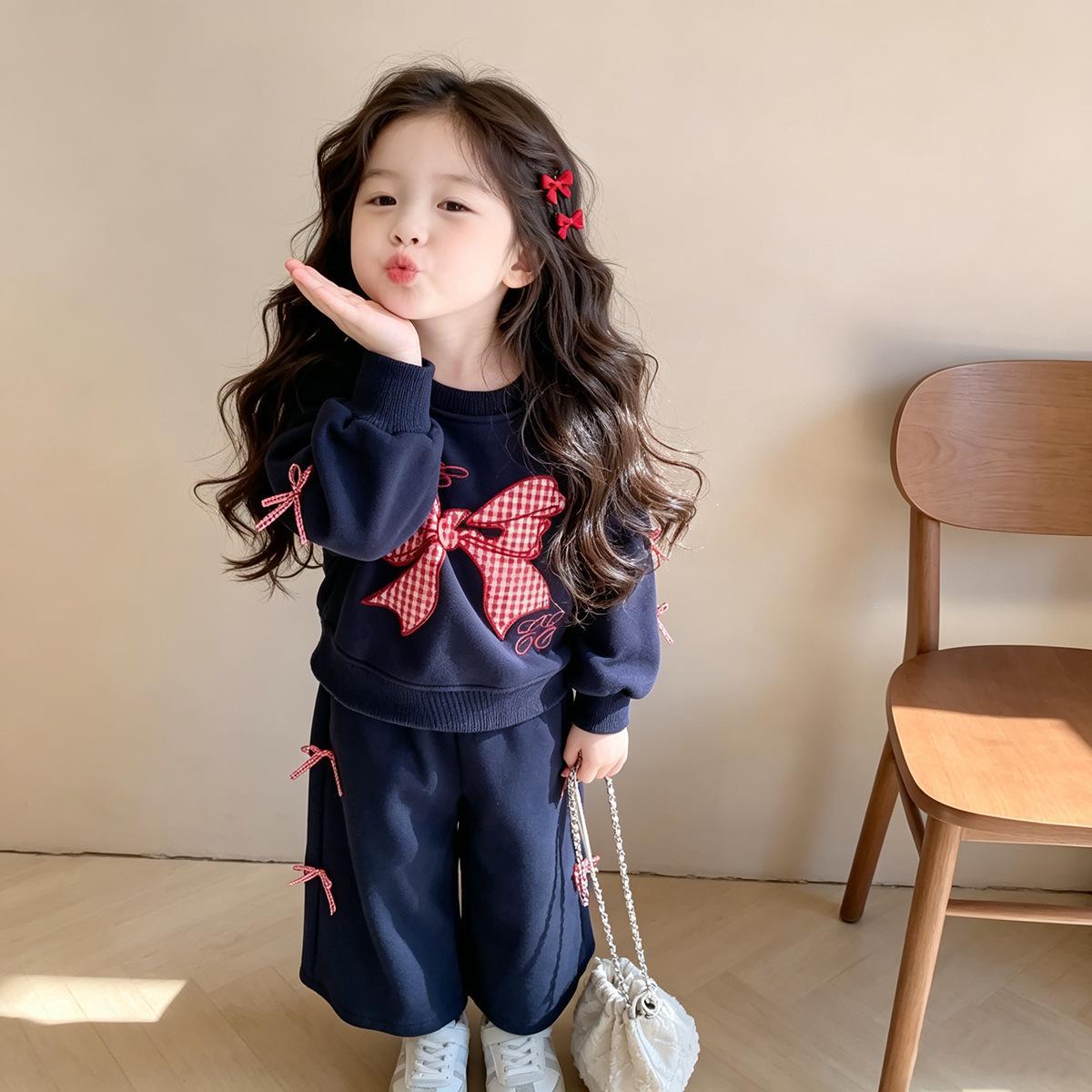 Girls' Bow-Knot Sweatshirt Set 2026 New Spring and Autumn Stylish Loose Straight-Leg Pants Two-Piece Children's Clothing Set