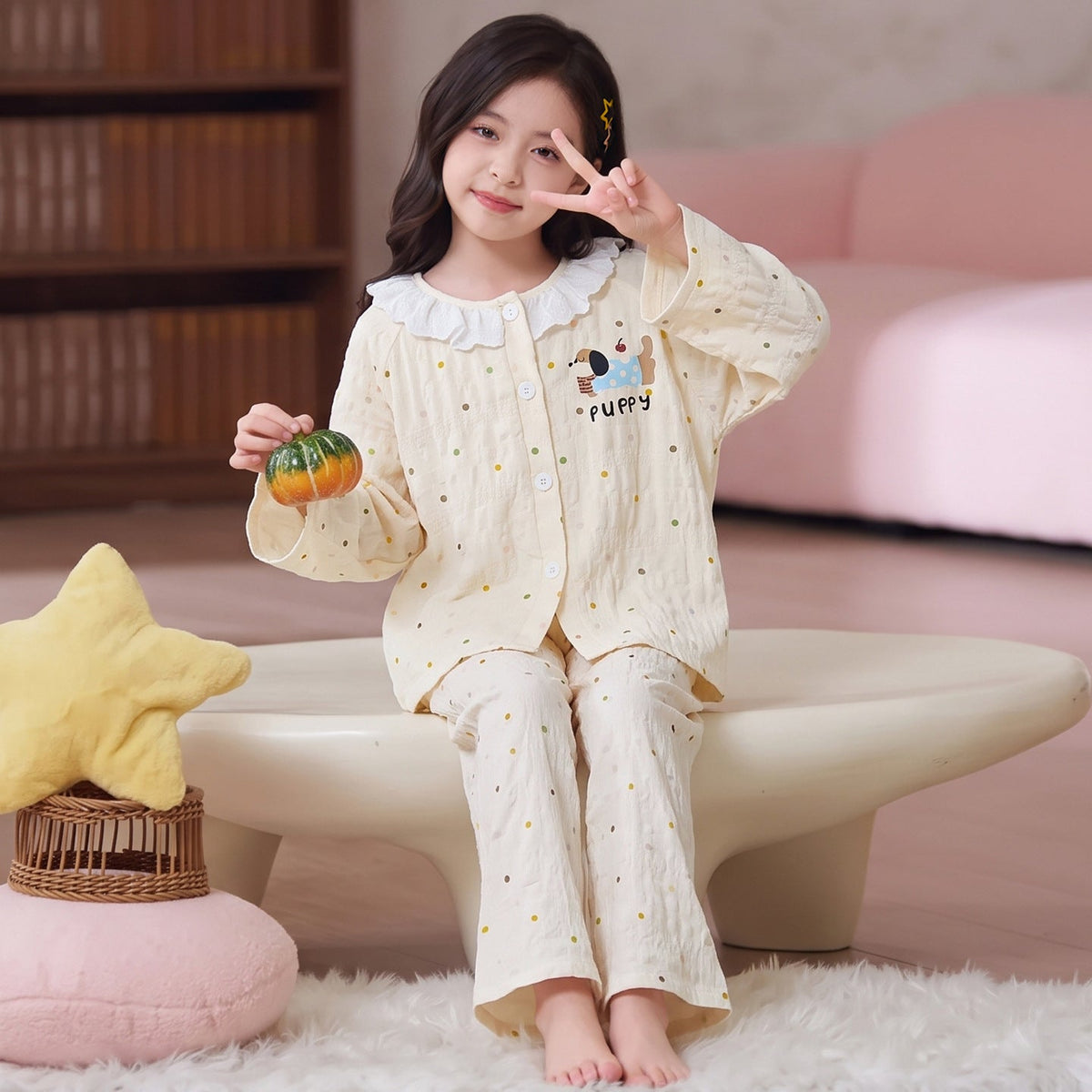 Kids Pajamas for Spring and Autumn Girls’ Cloud Cotton Long-Sleeve Thin Set, Big Kid 2026 New Trendy Homewear
