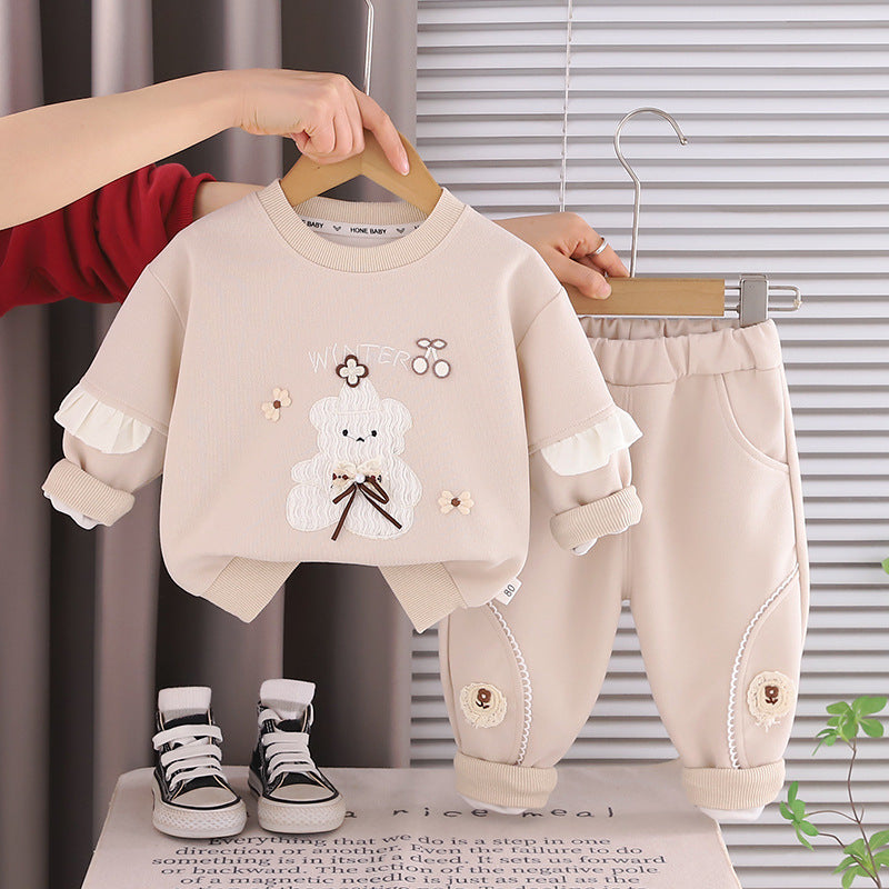 Girls' Autumn Baby Bear Sweatshirt Set 2026 New Stylish Cartoon Children's Casual Two-Piece Set Spring and Autumn Trendy