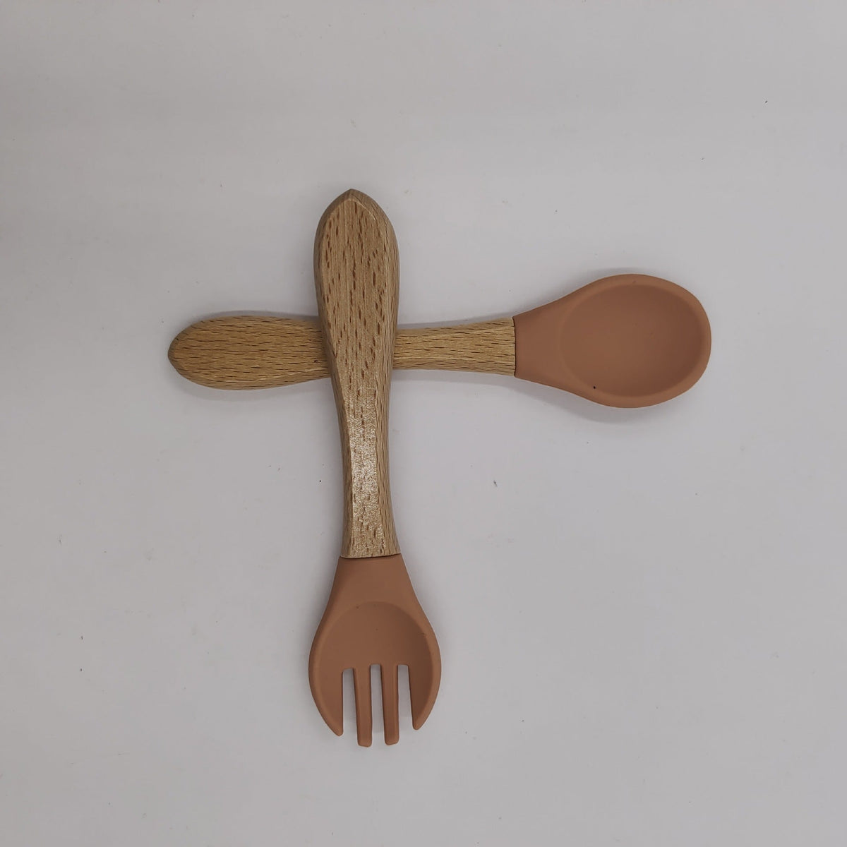 Manufacturer Aliexpress Cross-Border Ready-Stock Children's Eating Training Spoon Wooden Handle Fork Silicone Soft Spoon Silicone Wood Combination