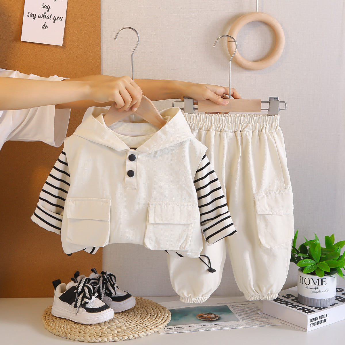 Children's Autumn Outfit 2026 New Style Boys' Stylish 0-5 Years Old Hooded Striped Workwear Vest Three-Piece Set Children's Clothing