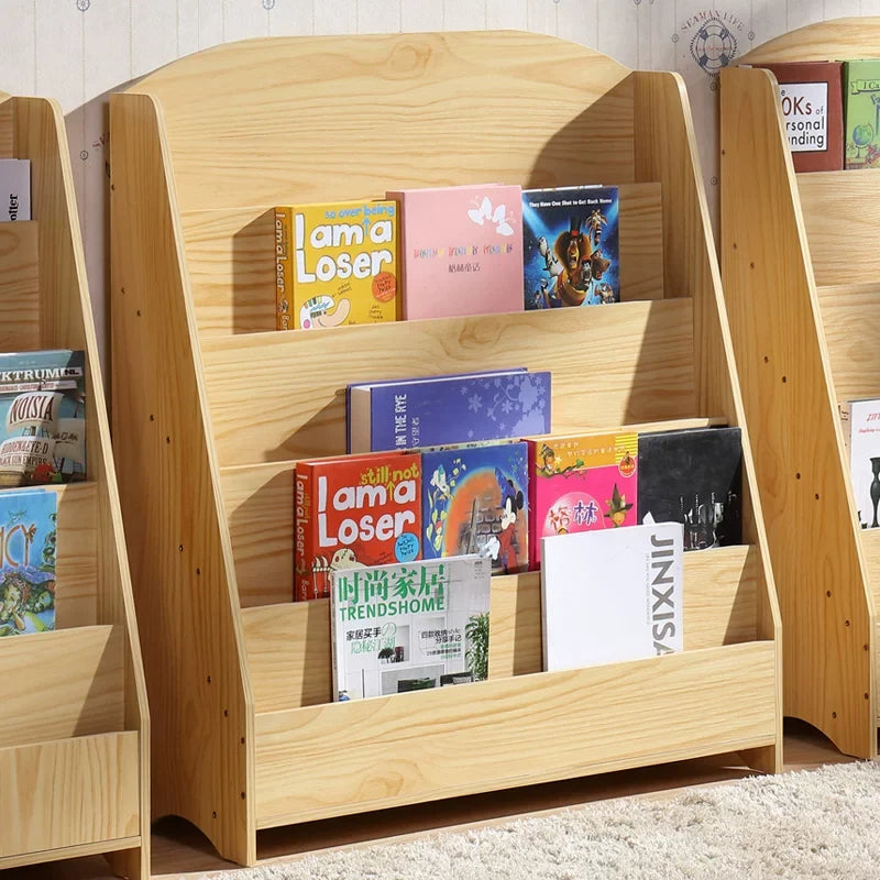 Children's bookshelf, picture book shelf, simple book and newspaper rack, student and kindergarten book cabinet, display rack, storage cabinet, white natural wood color