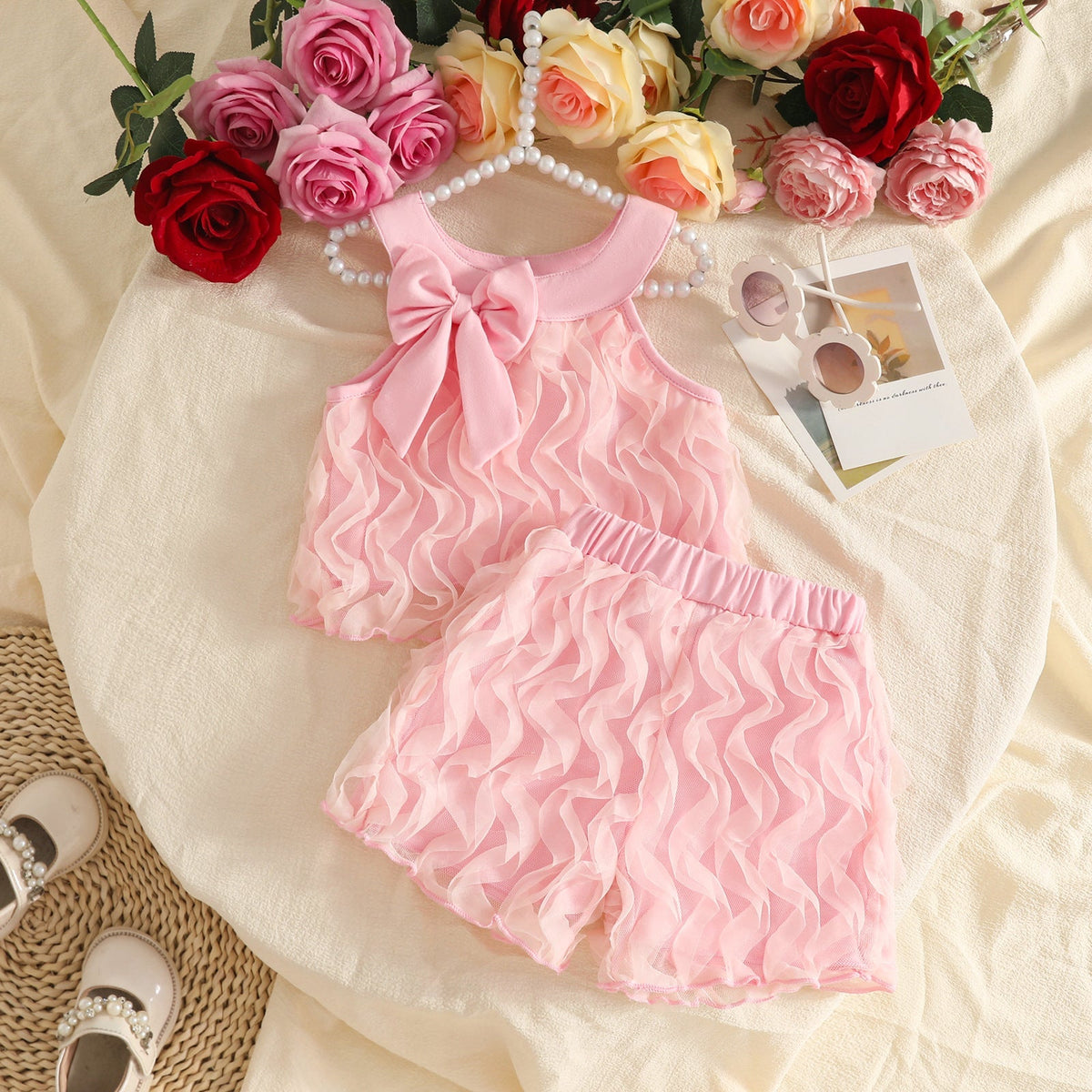 2027 Cross-border Sweet 0-3 Year Old Baby Girl Set: Sleeveless Round Neck Top + Shorts in Ribbed Mesh Fabric