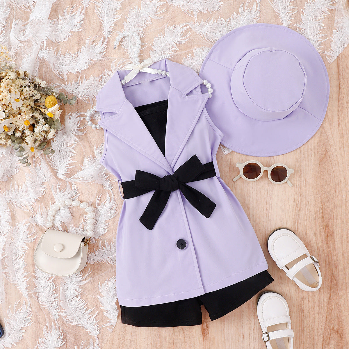 Girls 4 piece suspender suit set Bangladesh sleeveless top shorts jacket hat fashion outfit for kids
