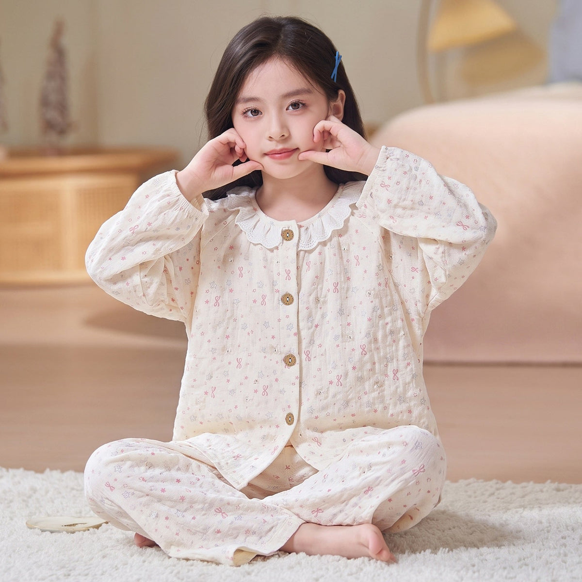 Kids Pajamas for Spring and Autumn Girls’ Cloud Cotton Long-Sleeve Thin Set, Big Kid 2026 New Trendy Homewear