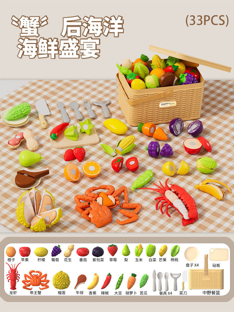 Children's Pretend Play Fruit, Vegetable, and Seafood Toys, Peelable and Chewable, Realistic Kitchen Playset, Birthday Gift