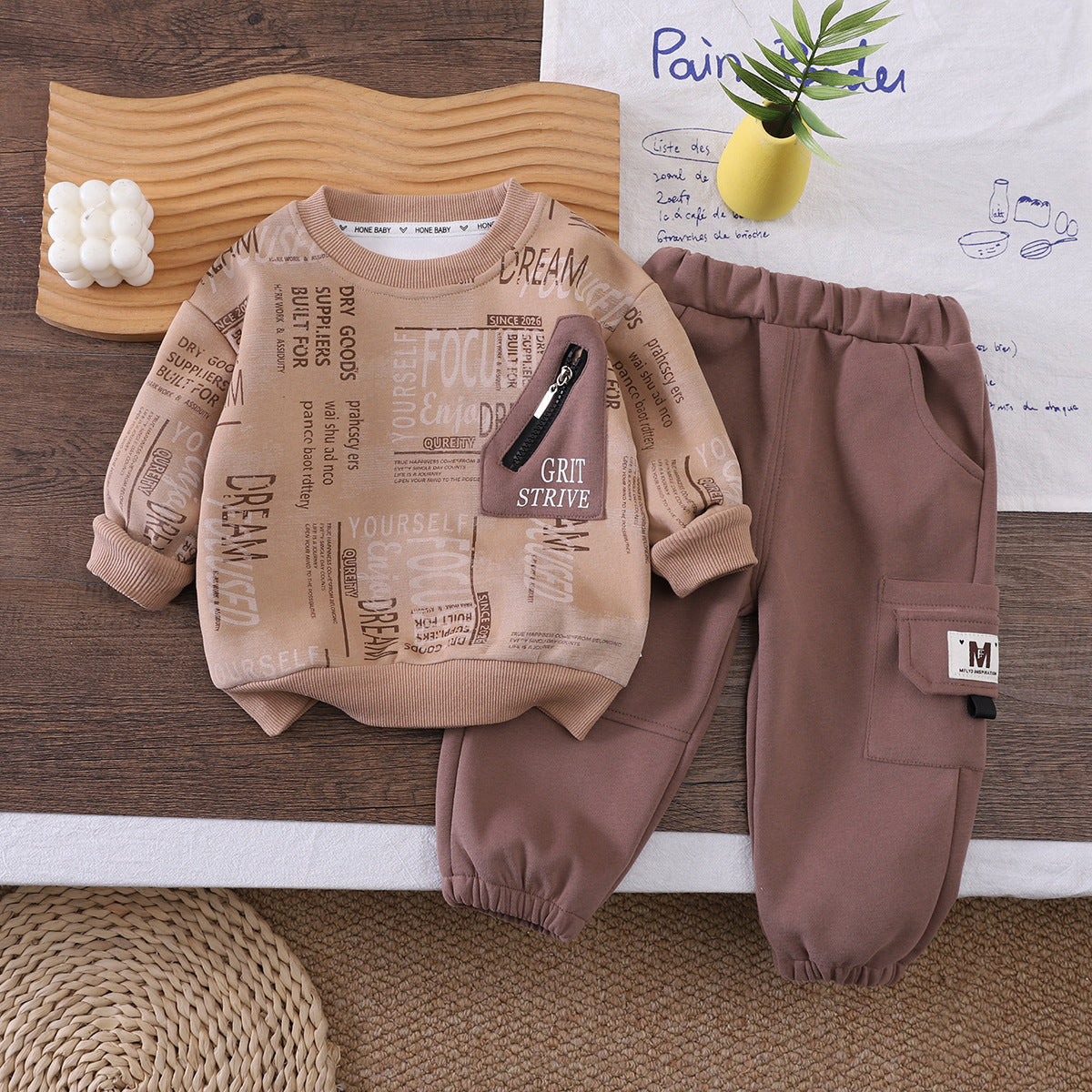 Spring and Autumn 2026 New Boys' Outfit Set, Korean Style Casual Trendy Sports Zipper Pocket Sweatshirt Two-Piece Set