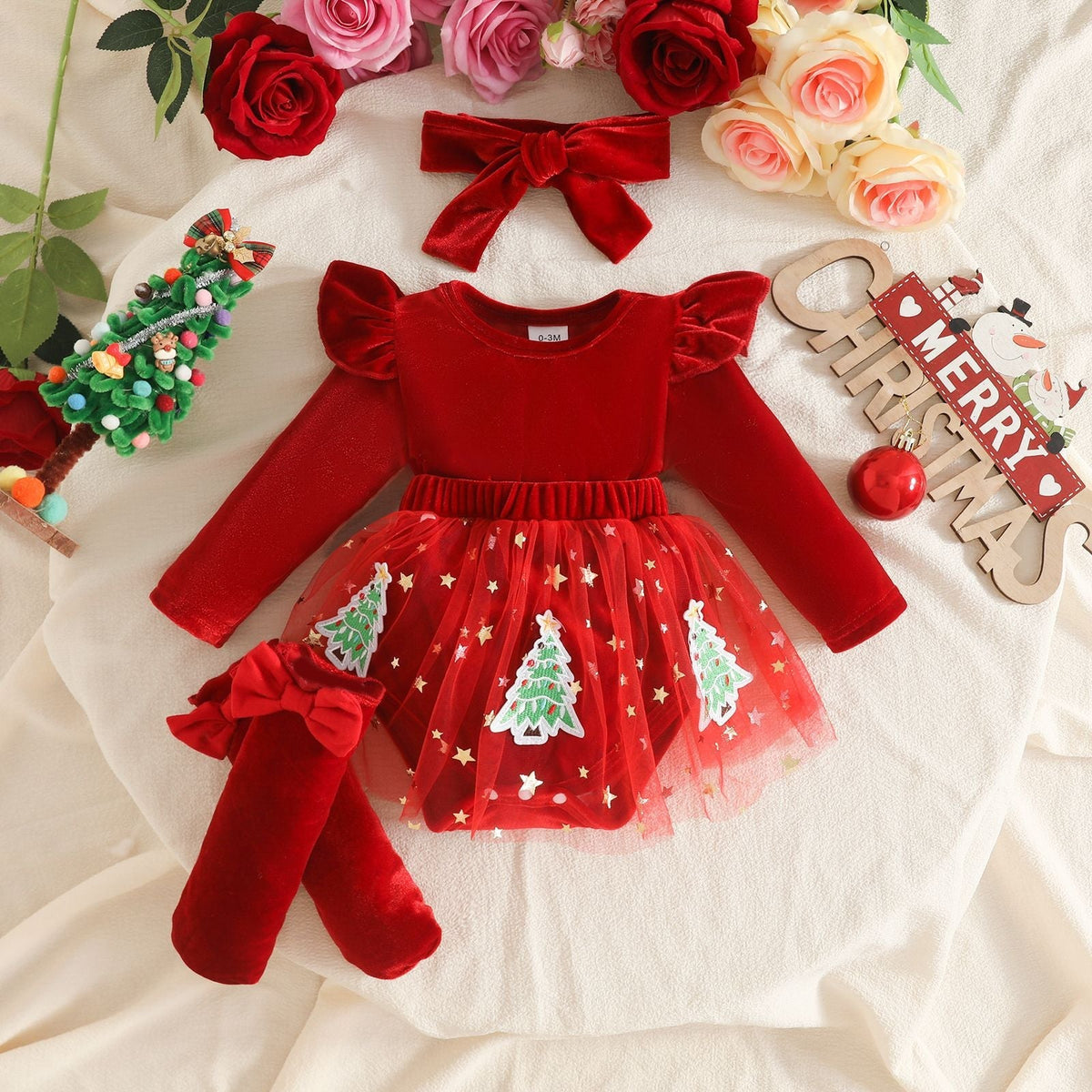 2026 European and American Infant Christmas Dress, Smooth Velvet Fabric, Long Sleeve Mesh Patchwork Dress, Socks, Headscarf