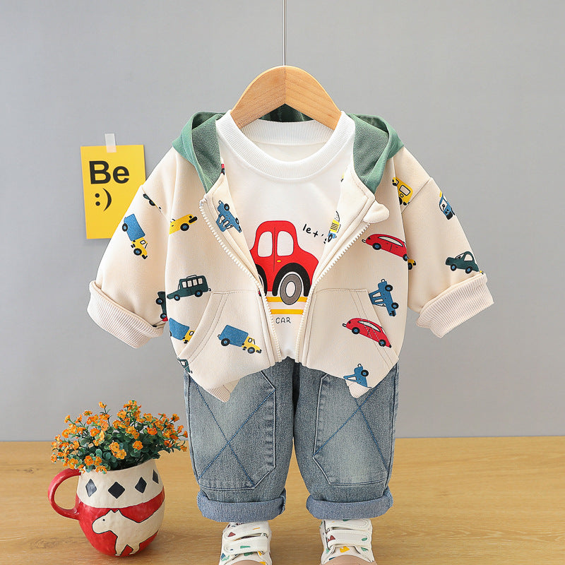 Free Shipping Boys Autum Suit New Little Boy Spring and Autum Car Hooded Jacket Baby Boy Autum Three-Piece Suit