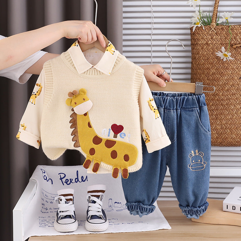 Free Shipping Boys Spring & Fall Clothing Set New Giraffe Sweater Vest Three-Piece Set 1-5 Years Old Baby Fashionable Children's Clothing