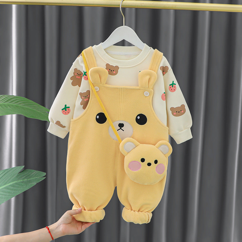 Baby girl's overalls suit autumn and winter style western style 0 baby children's clothes 3 children's clothing one-year-old girl fleece-lined two-piece suit