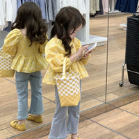 Girls' New Autumn Outfit: Children's Puff Sleeve Shirt, Baby Long Sleeve Doll Shirt, and Denim Bell-Bottom Pants Two-Piece Set