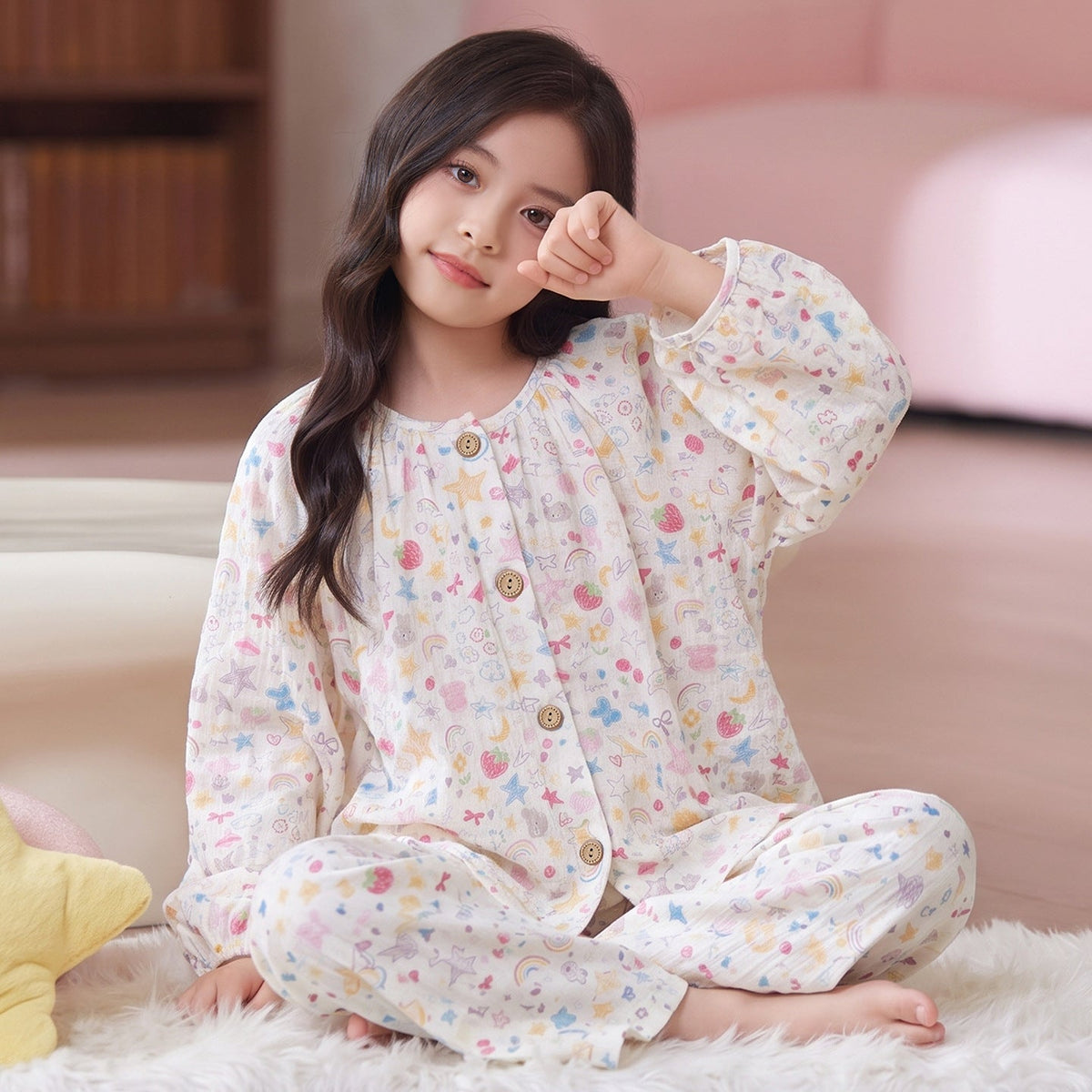 Cartoon Cute Style Girls Pajama Set with Cloud Pattern, Cotton Homewear for Spring and Autumn, Long-Sleeve Top and Long Pants, Lightweight Kids Pajamas