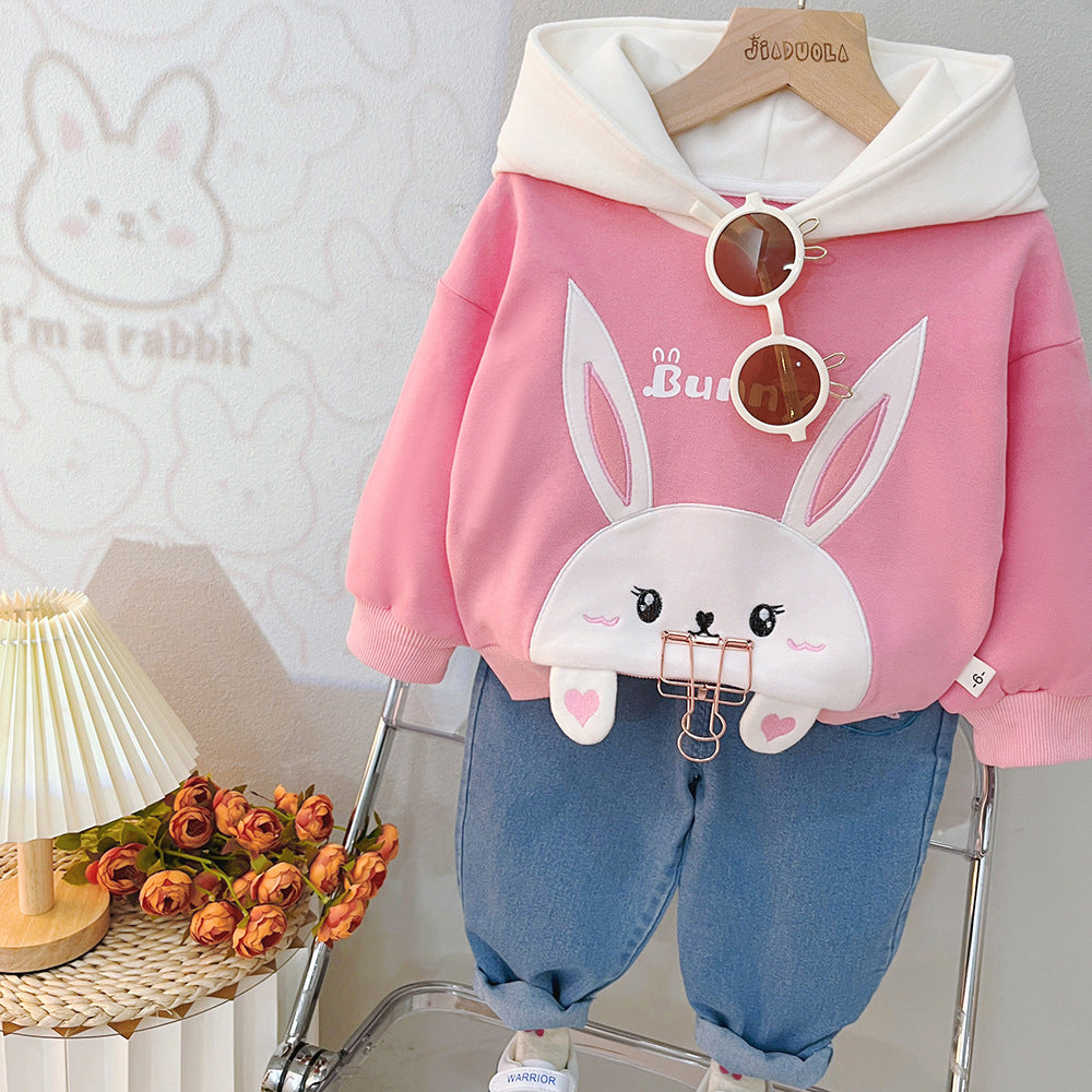 Girls' autumn wear sports suit 2023 new western style fashionable cute cartoon rabbit 1-3 years old baby girl bathroom clothes