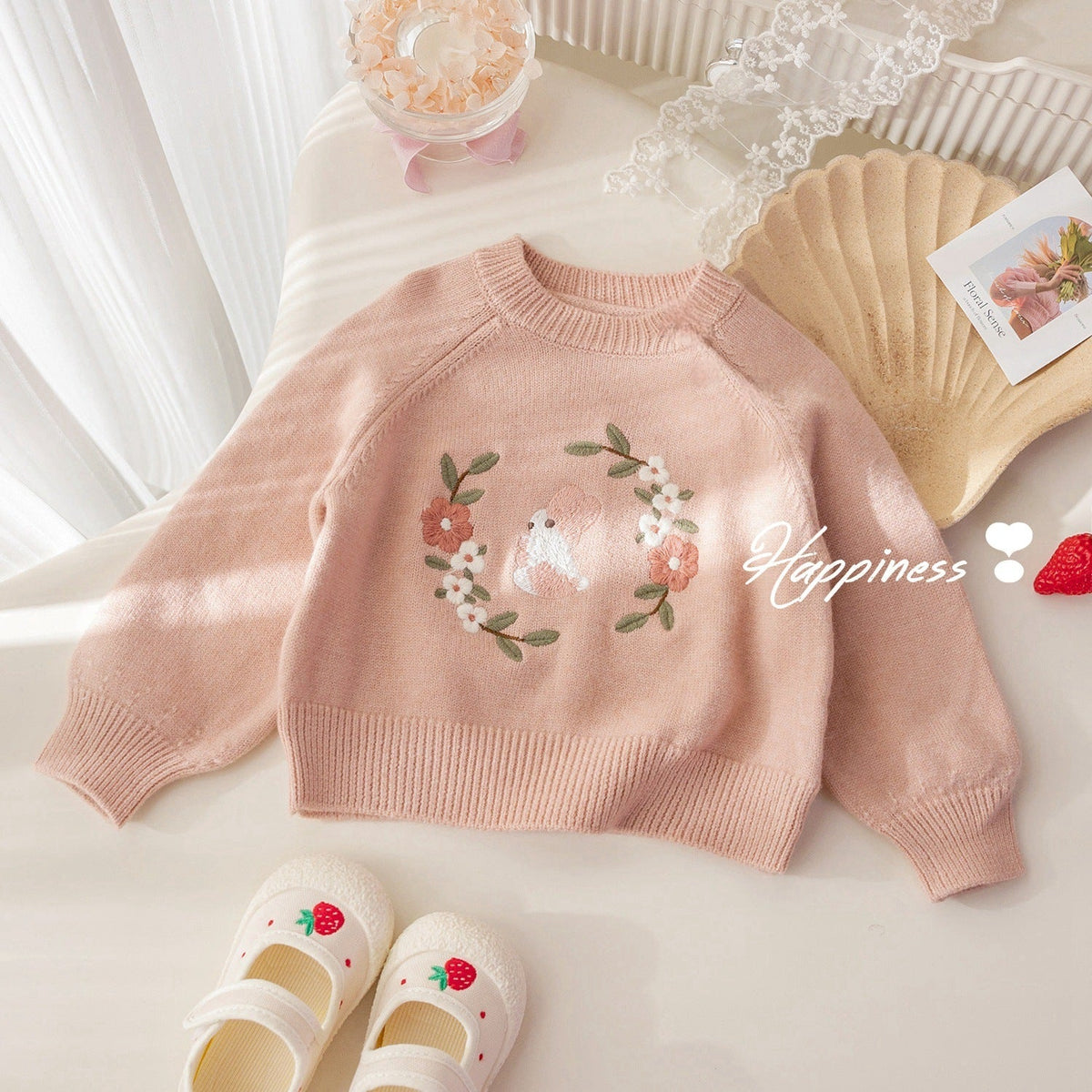 Girls' Cute Bunny Embroidered Sweater, New Spring and Autumn Style, Sweet and Versatile Pullover Knitwear, Baby Girl Autumn Top