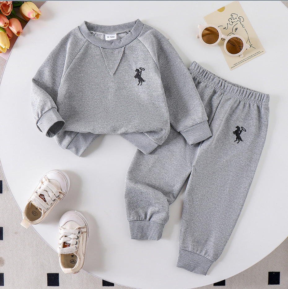 Amazon Cross-Border European and American Children's Clothing Set, Solid Color Knitted Ribbed Long-Sleeve Sweatshirt and Sweatpants Two-Piece Set for Young Children