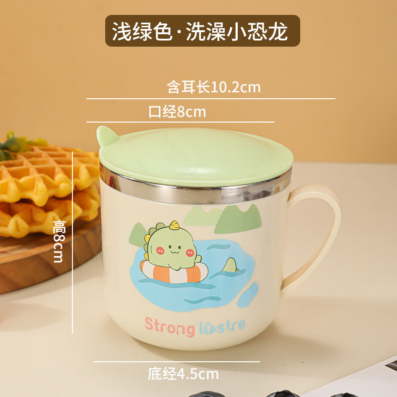 304 Stainless Steel Kidsren's Water Cup Cartoon with Handle Kindergarten Student Drinking Cup Milk Cup with Lid Double-Layer Cup