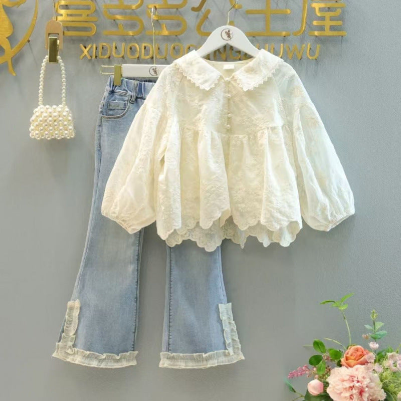 Girls' 2025 Spring New Stylish Doll-Style Long-Sleeve Fashionable Shirt and Children's Jeans Two-Piece Set