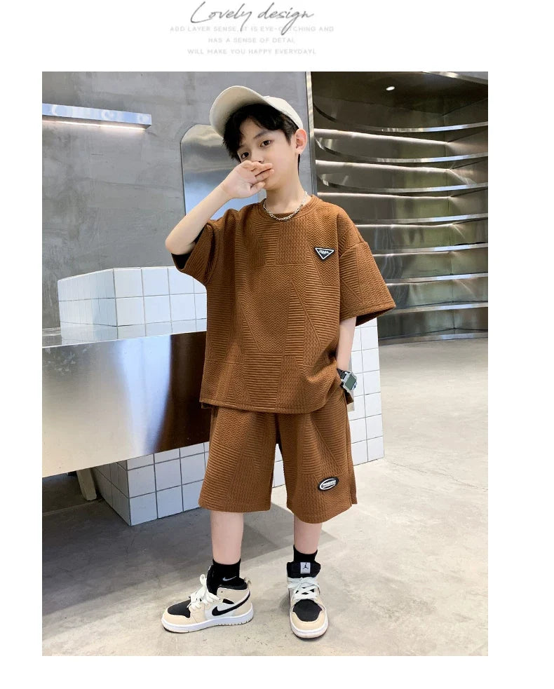 New Summer Boys Clothes Sets Teen Short Sweatshirt + Pants Children Clothing Solid Kids Boy Sport Suits 4 6 8 10 12 14 Years