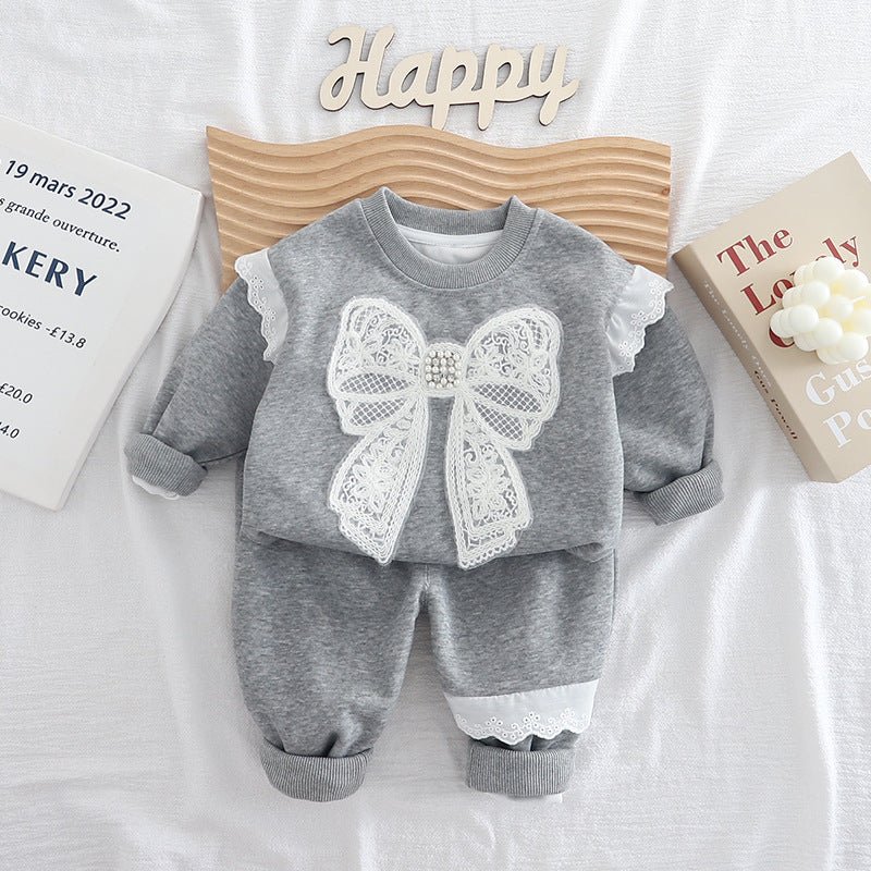 Girls' Spring and Autumn Outfit Set, Children's Stylish Clothing with Big Bow, Casual Baby Wear, Cute Toddler Autumn Sweatshirt