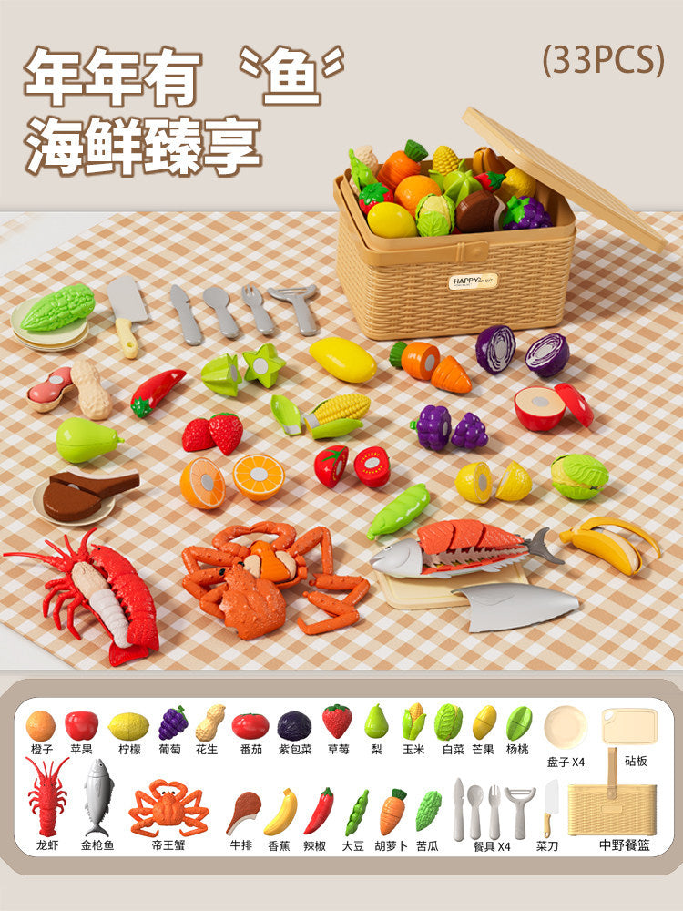 Children's Pretend Play Fruit, Vegetable, and Seafood Toys, Peelable and Chewable, Realistic Kitchen Playset, Birthday Gift