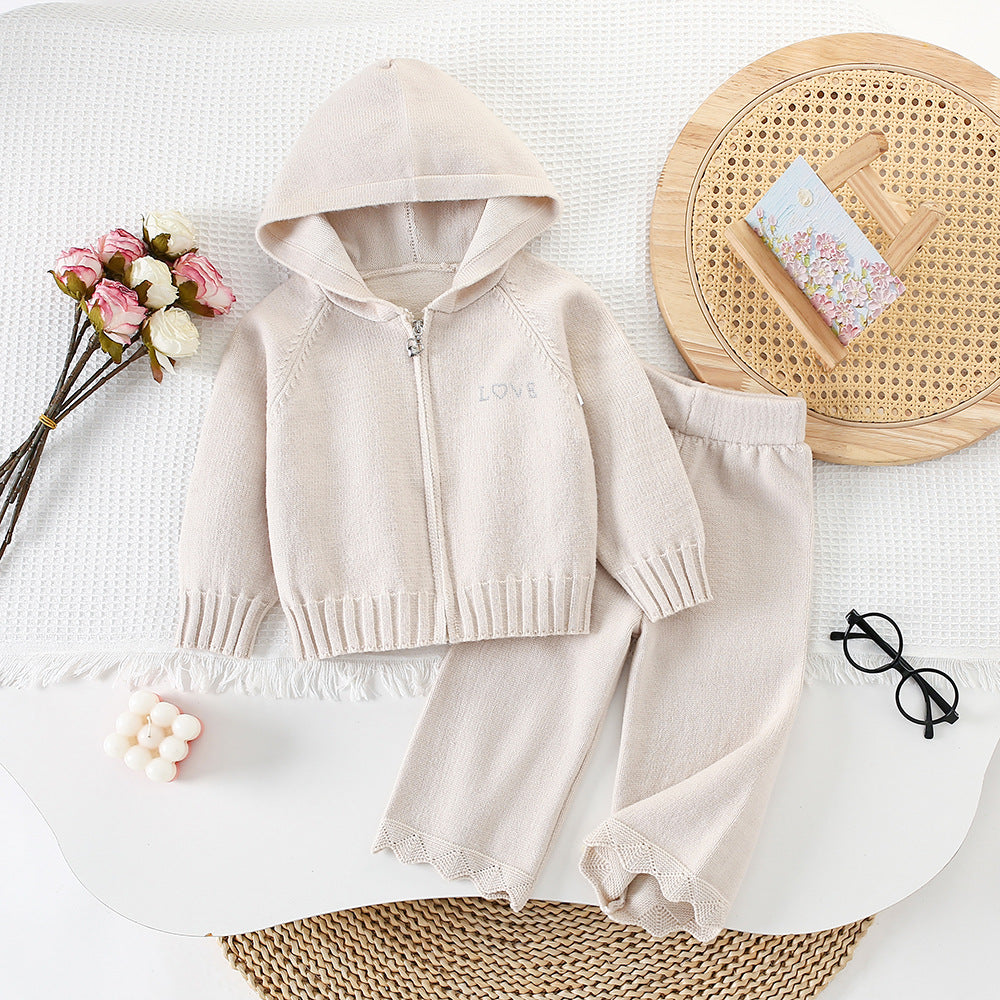 Children's Sweater Suit Autumn and Winter New Style Baby Girl Hooded Zipper Knitted Cardigan Sweater Pants Korean Style Fashionable
