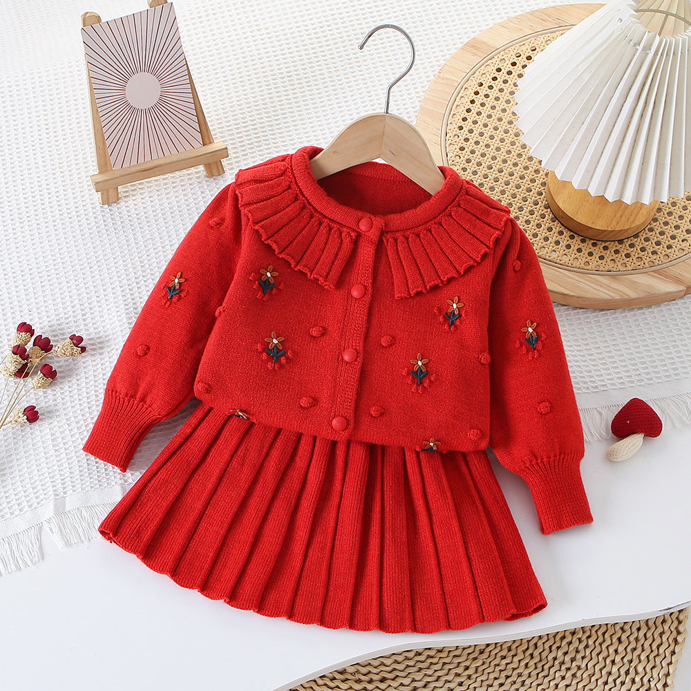 Children's Sweater Dress Small Flower Double Collar Knitted Two-Piece Set Women's Autumn and Winter New Korean Style Western Style Round Neck Sweater Dress