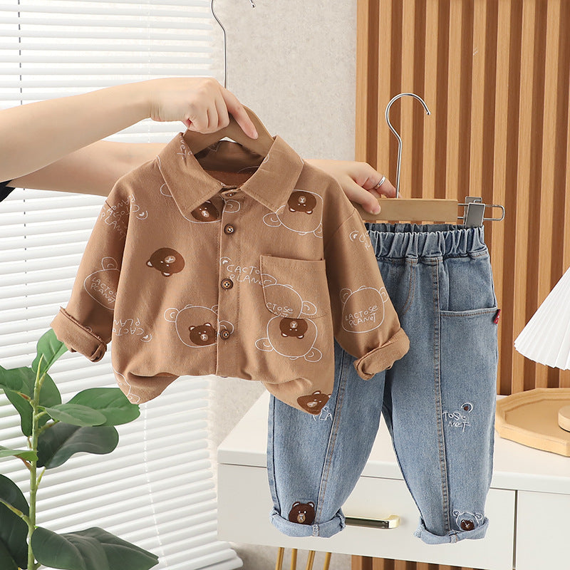 Male Baby Baby Spring Clothes Shirt Clothes Autumn Western Style Full Print Bear Cartoon Handsome Two-piece Set Little Boy Children's Clothes